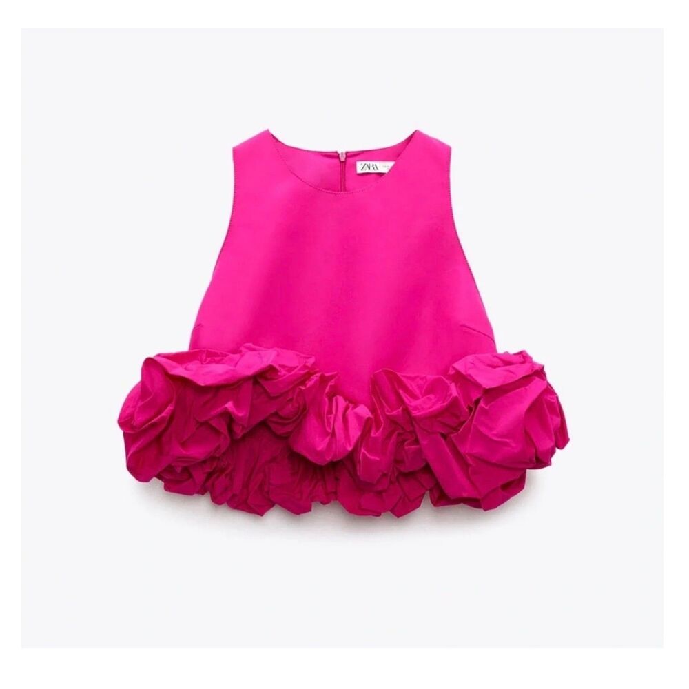 Zara Limited Edition Voluminous Ruffle Hem Crop Top Fuchsia Pink XS EUC - Picture 2 of 9